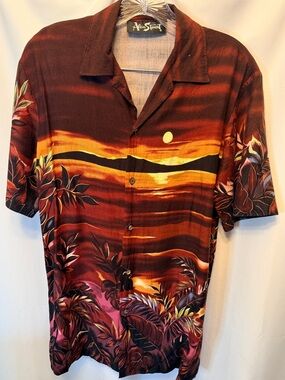 Vintage Alan Stuart Men’s Size Small Tropical Sunset Shirt Brown Black USA Made